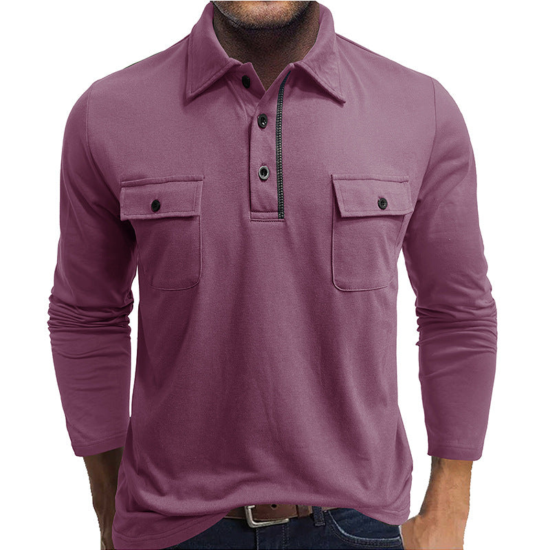 Men's Cotton Long-Sleeved Polo Shirt with Flap Pockets