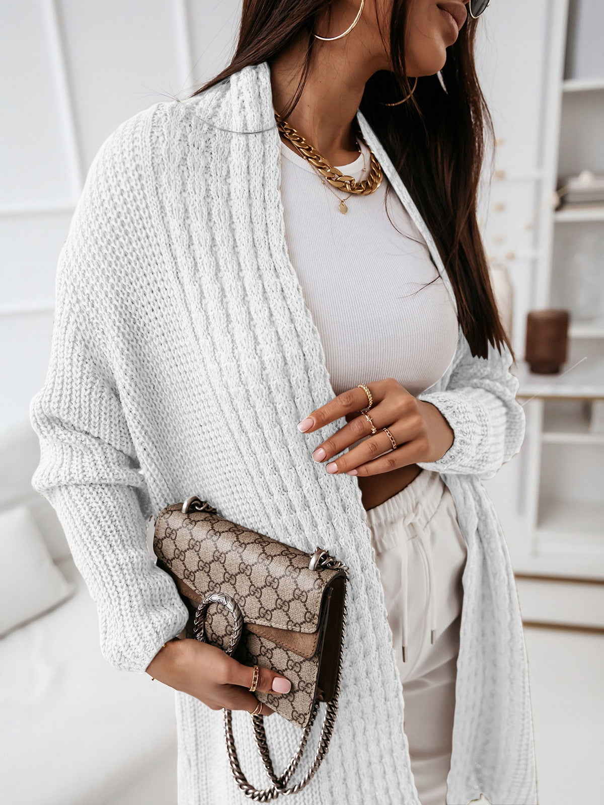 Long-Sleeve Cardigan Woolly Loose Laced