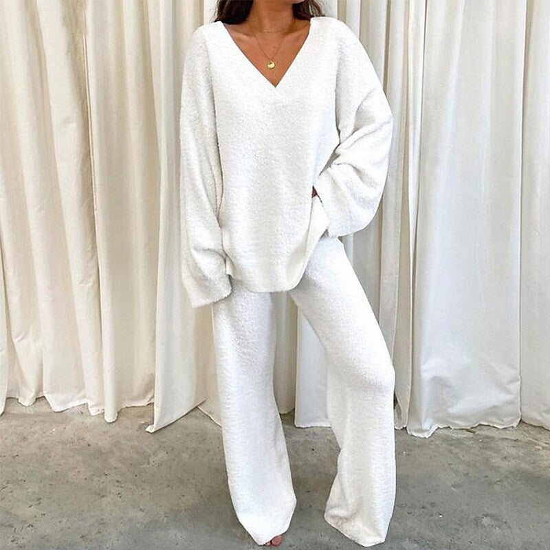 Women's Knitted Suit V-Neck Comfortable Wide Leg
