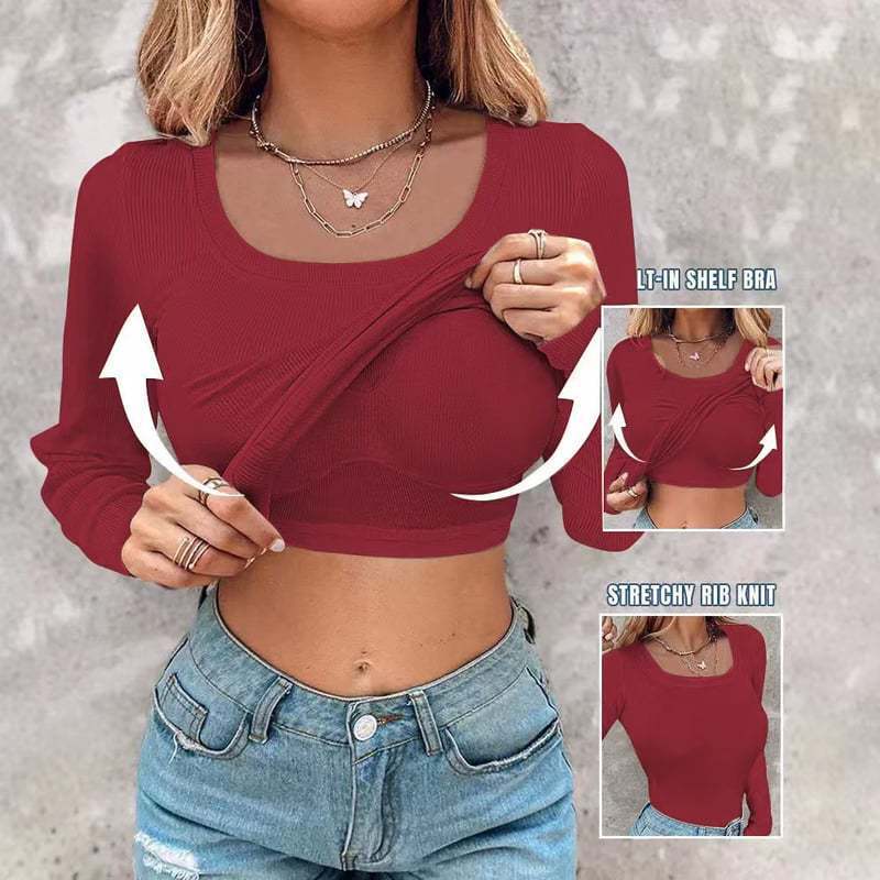 Women's Crop Top Long Sleeve Bra Insert Stretch