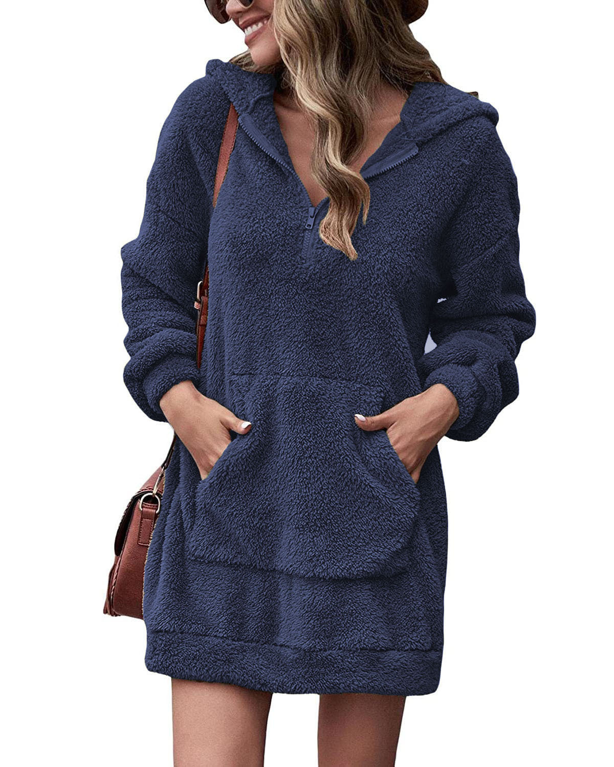 Women's Fleece Dress Hood Pockets Soft Winter Dress