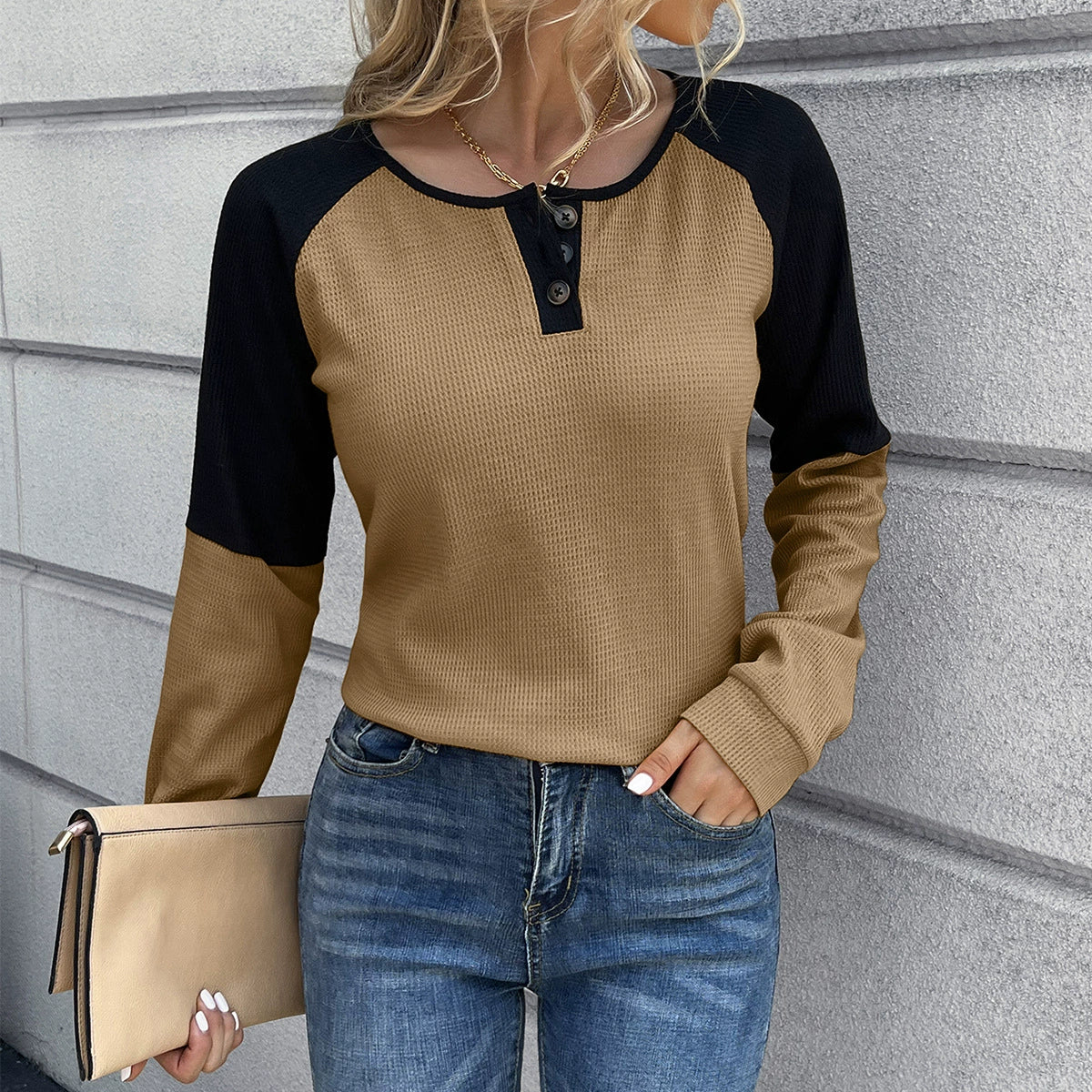 Comfortable Long-Sleeve Waffle-Knit Loose Fit T-Shirt
