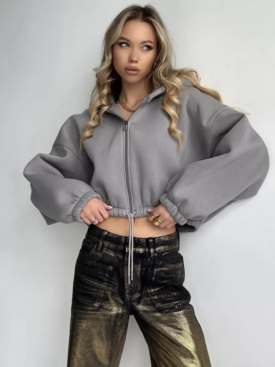 Women's Sporty Cropped Zip-Up Hoodie