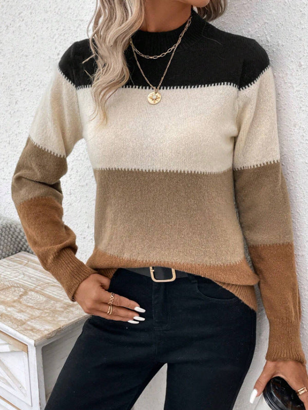 Women's Trendy Block Stripe High Collar Knitted Sweater