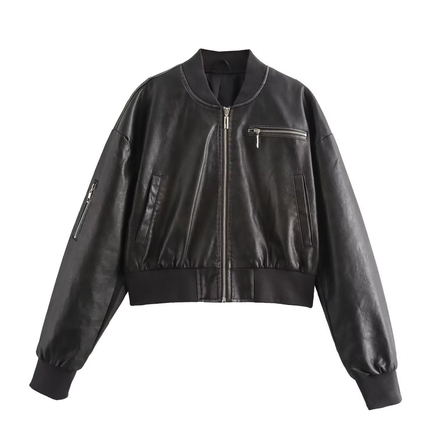 Leder Bomberjacke Damen Trendy Schwarz