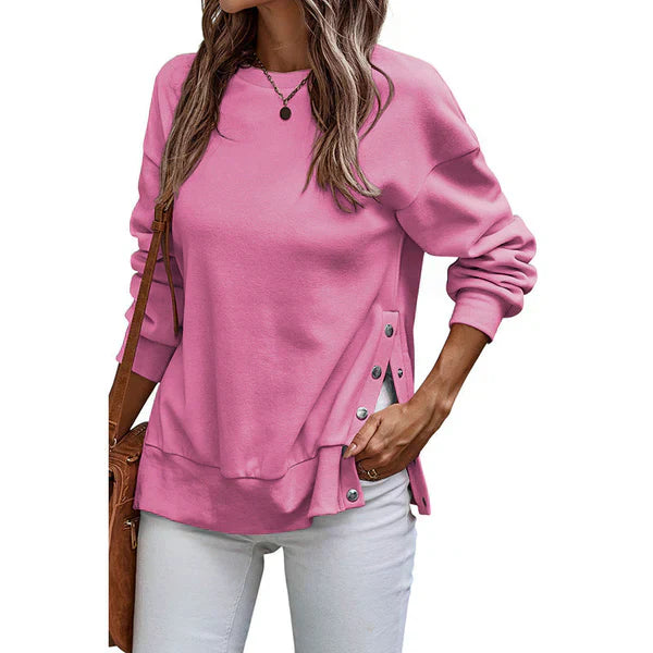 Loose Women's Sweatshirt with Side Slits and Buttons