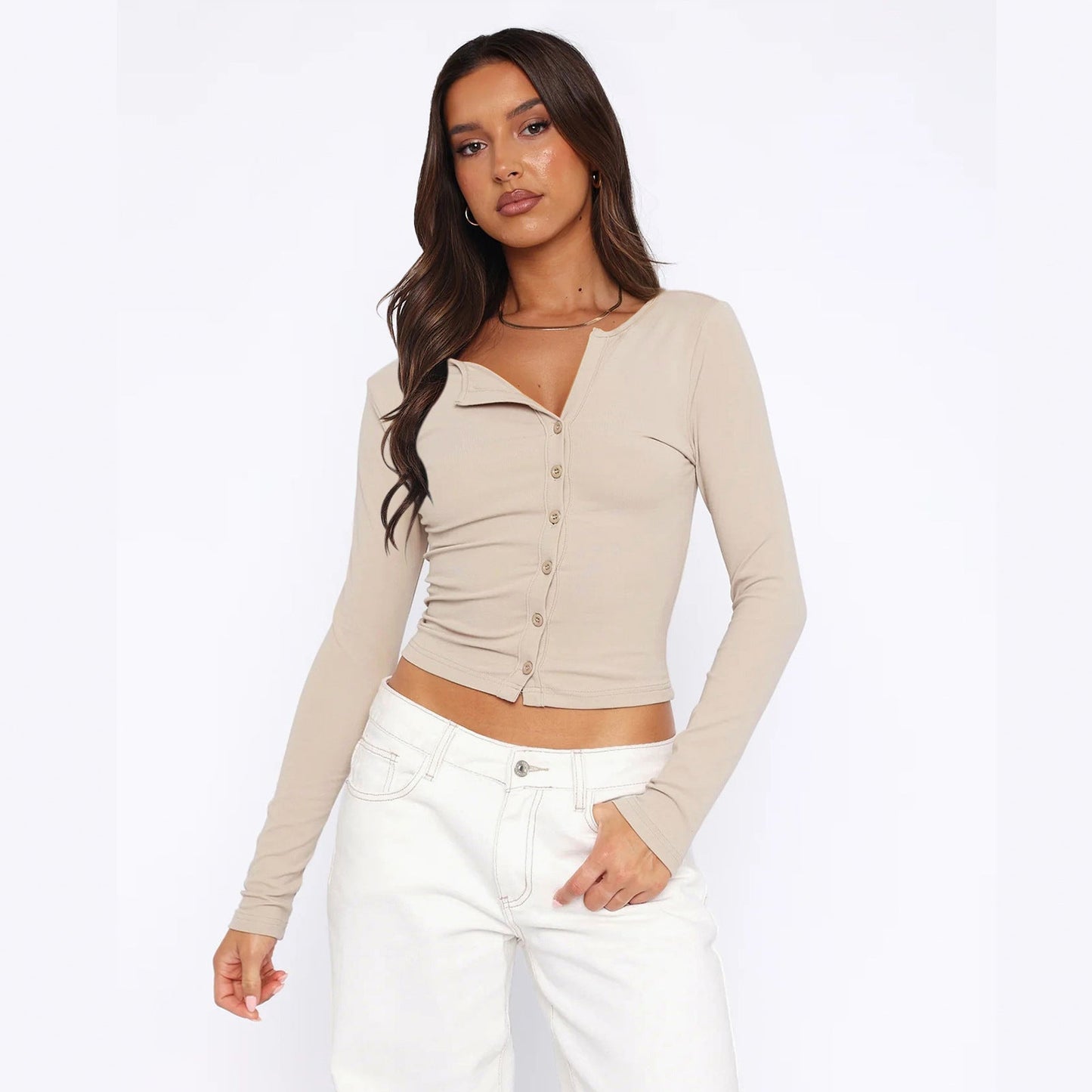 Women's Long-Sleeve Shirt Figure-Hugging Elegant Buttons