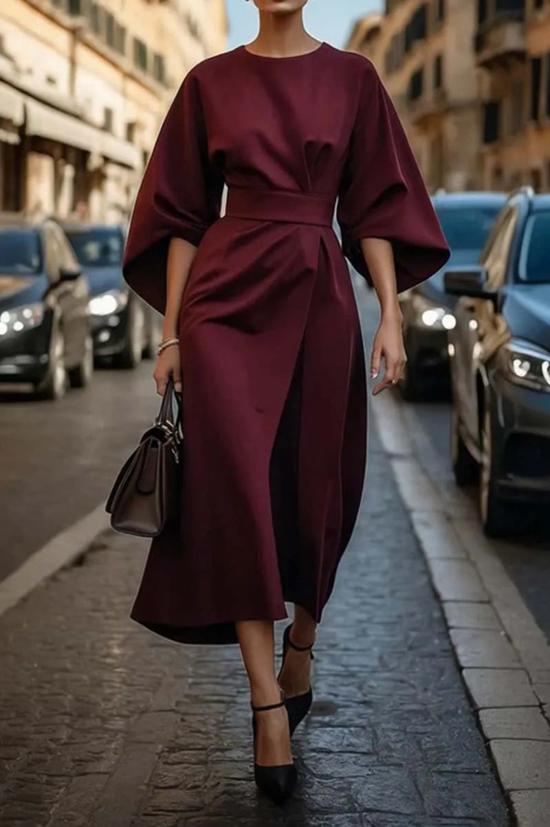 Women's Elegant Lace-Up Maxi Dress with Puff Sleeves