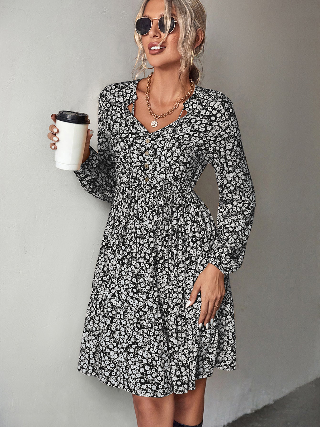 Summer dress floral print ruffled dress elastic