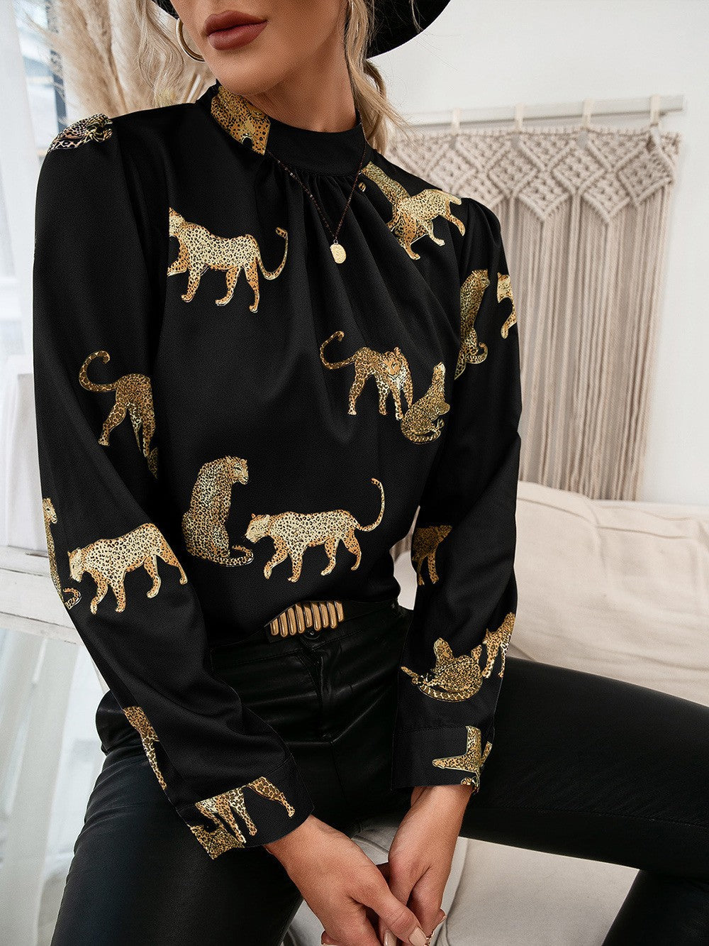 Women's Blouse Animal Print Elegant Stand-Up Collar