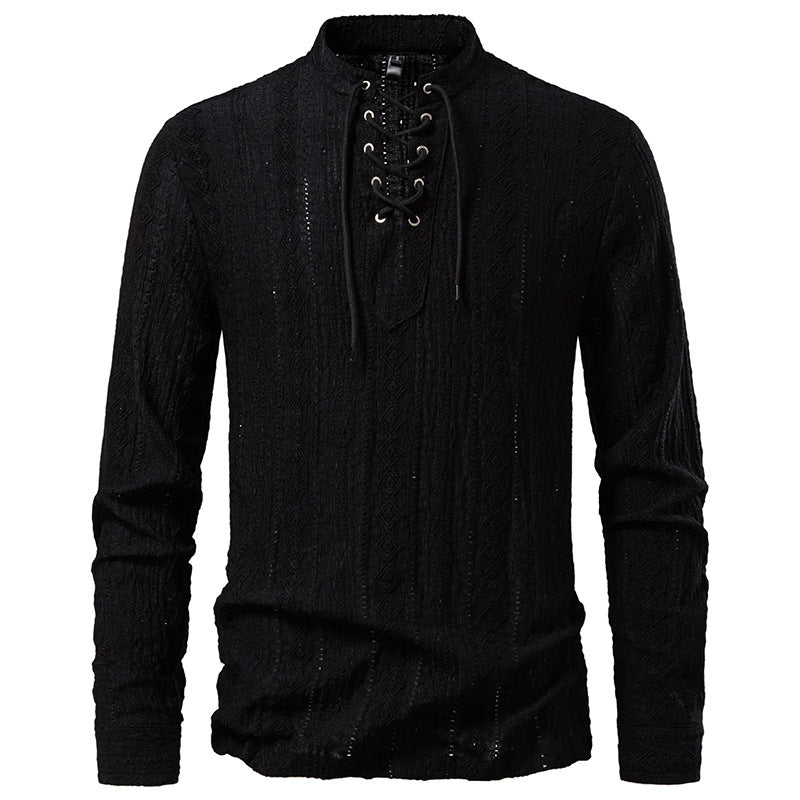 Men's Long-Sleeve Shirt with Lace-Up Detail, Modern Style