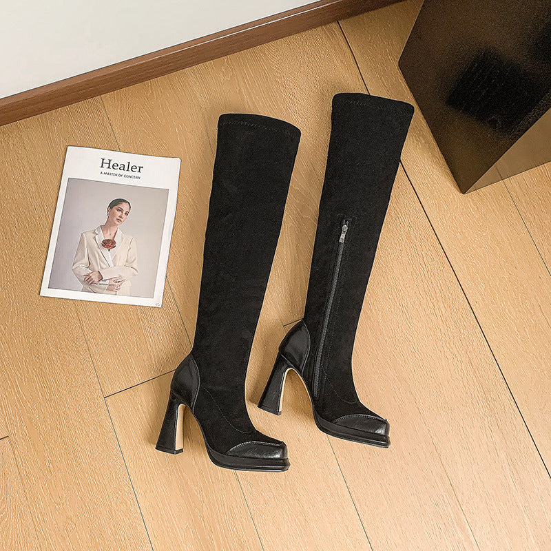 Kniehohe Stiefel Damen Blockabsatz Trendy - IdealeKleiden