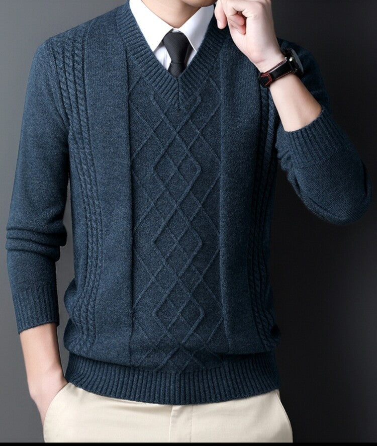Men's V-Neck Sweater Modern Cable Knit Design