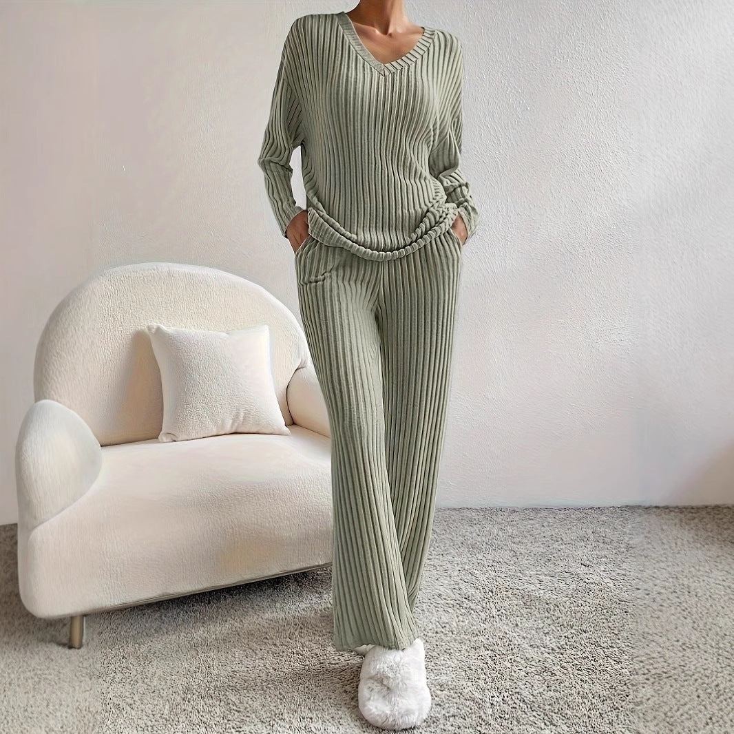 Women's Knitted Tracksuit Casual V-Neck