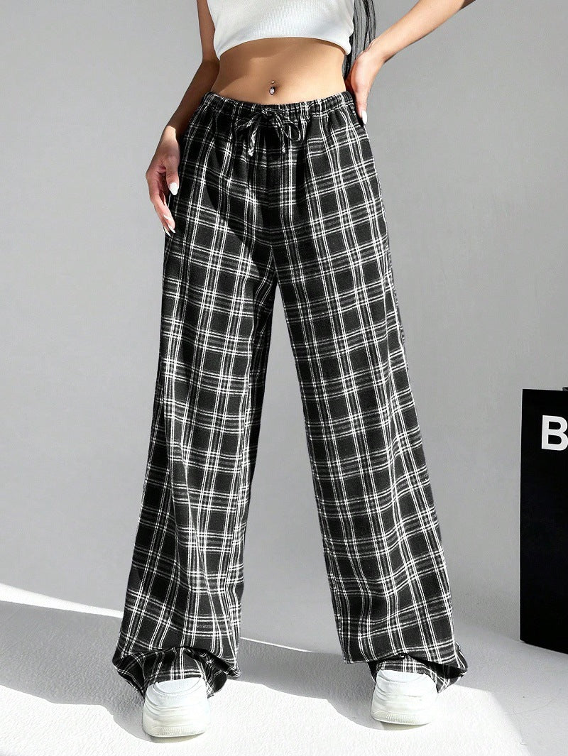 Women's Trousers Plaid Pattern Comfortable Cotton Elastic Waistband