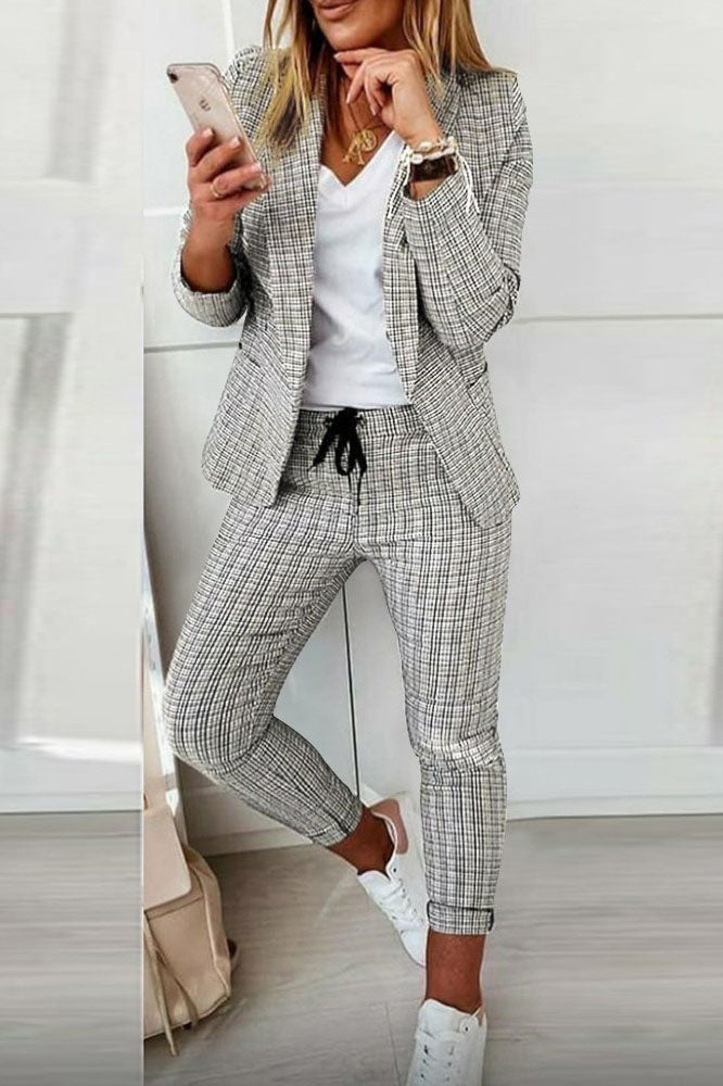 Checked Blazer Coat & Drawstring Trousers Set