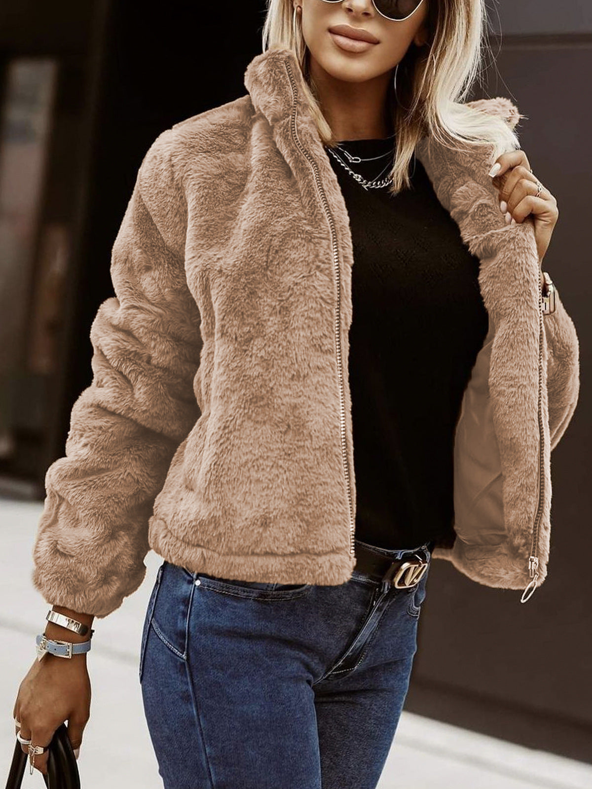 Women's Soft Teddy Bomber Jacket with Zipper