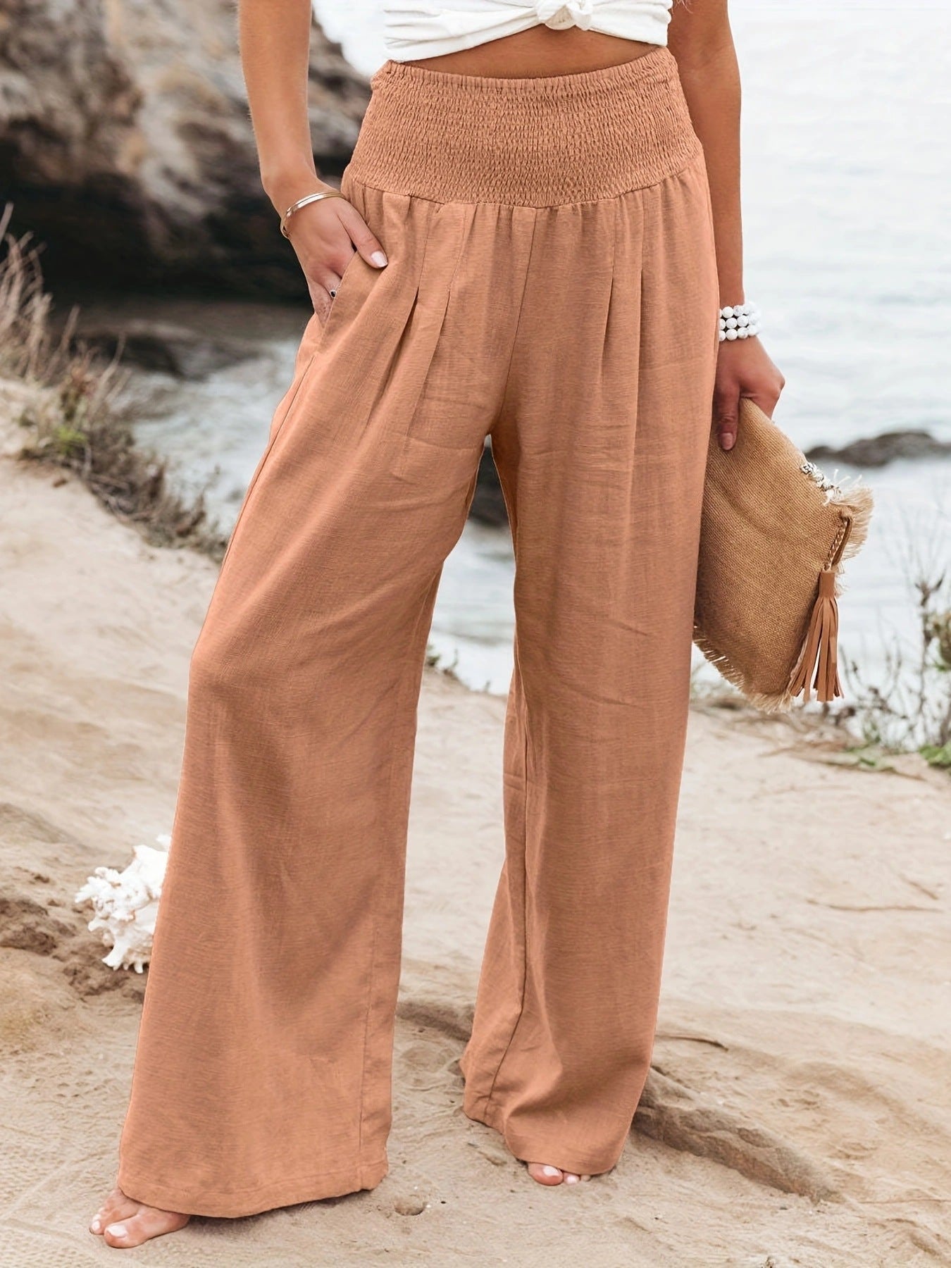 Women's Linen Trousers Wide Comfortable Pleated Skirt Effect