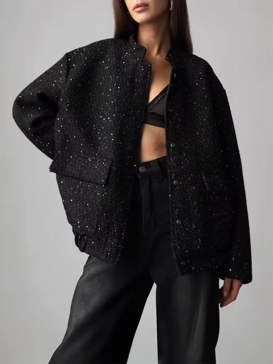 Gold Sequin Stand-Up Collar Jacket Elegant