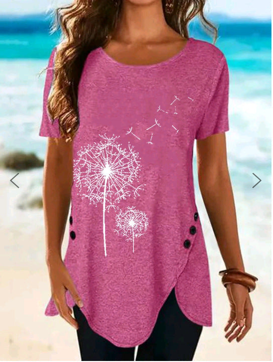 Women's Short-Sleeved Asymmetrical Dandelion Print Top