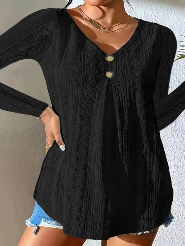 Fashionable long-sleeve top with buttons and V-neck