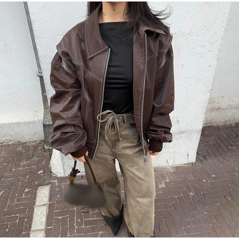 Women's Leather Jacket Trendy Slim Collar