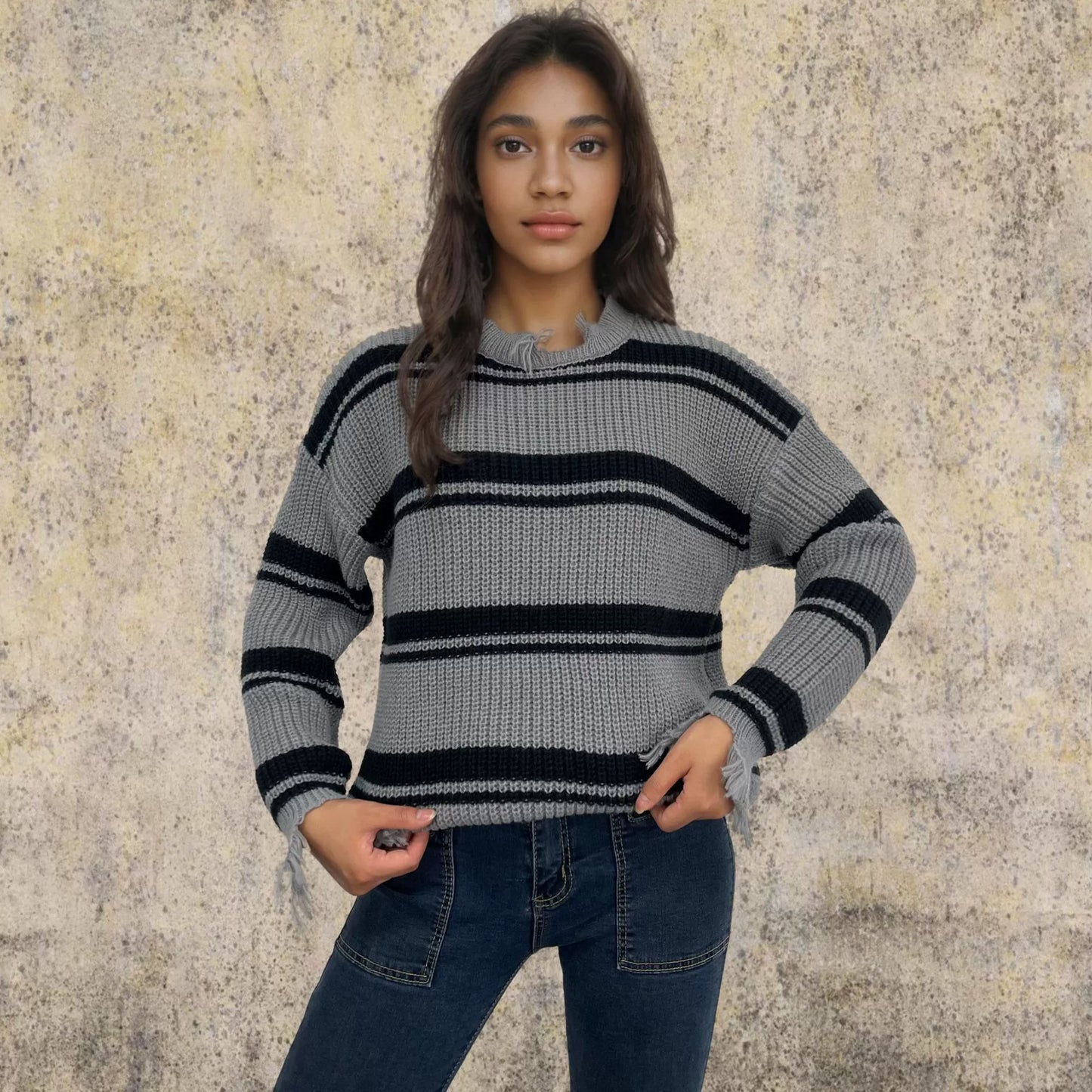 Oversize Knitted Wool Jumper with Contrast Stripes