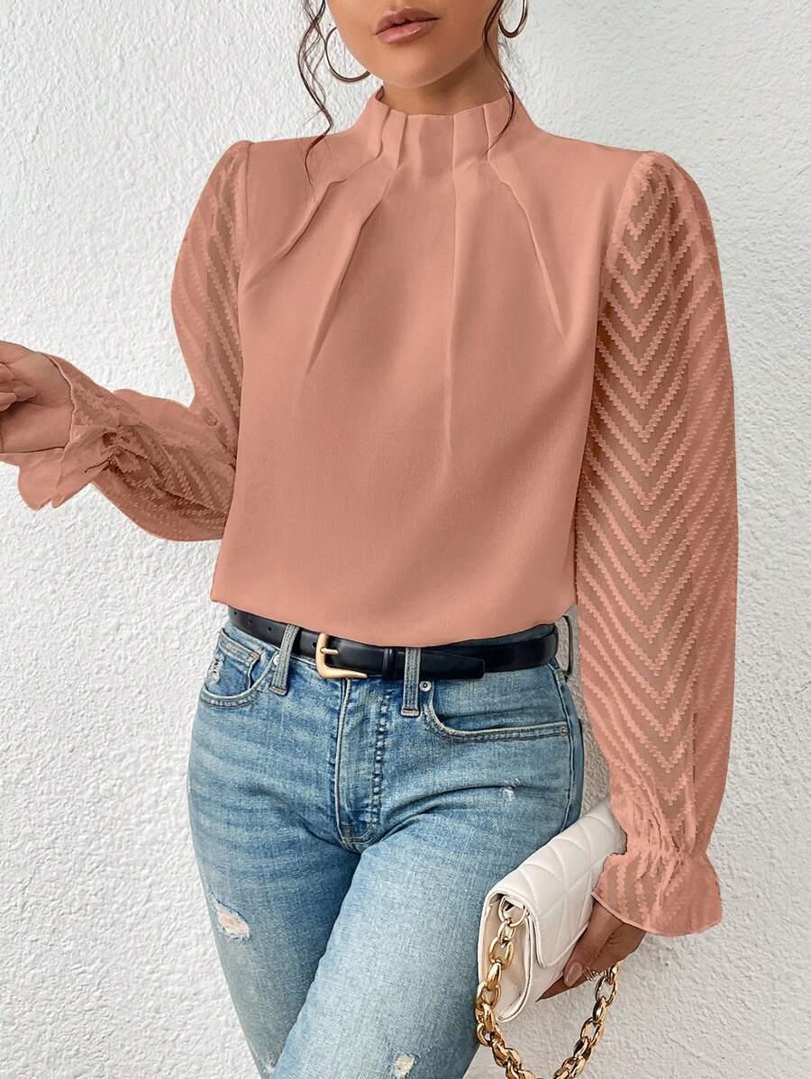 Elegant Blouse for Women Pleated Collar Sheer Sleeves