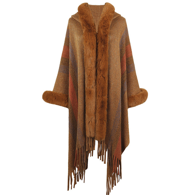 Women's Long Poncho Luxury Faux Fur Collar