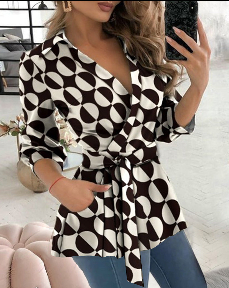 Elegant Dress with Belt V-Neck Long Sleeve