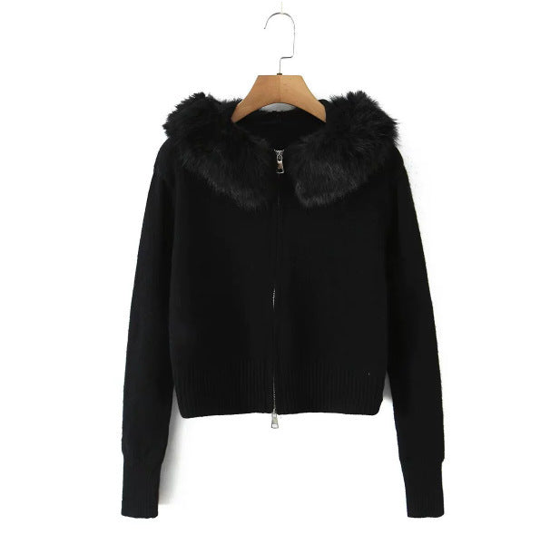 Damen Strickjacke Luxus Kunstfell Kragen Reißverschluss