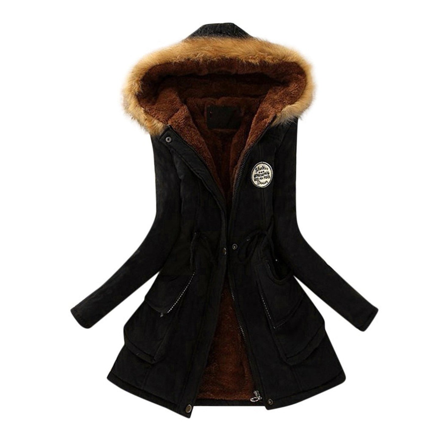Elegant women's jacket winter fur hood drawstring