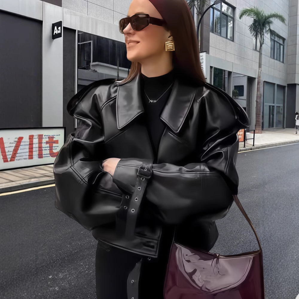 Women's Leather Jacket Oversized Fit Trendy Cuffs