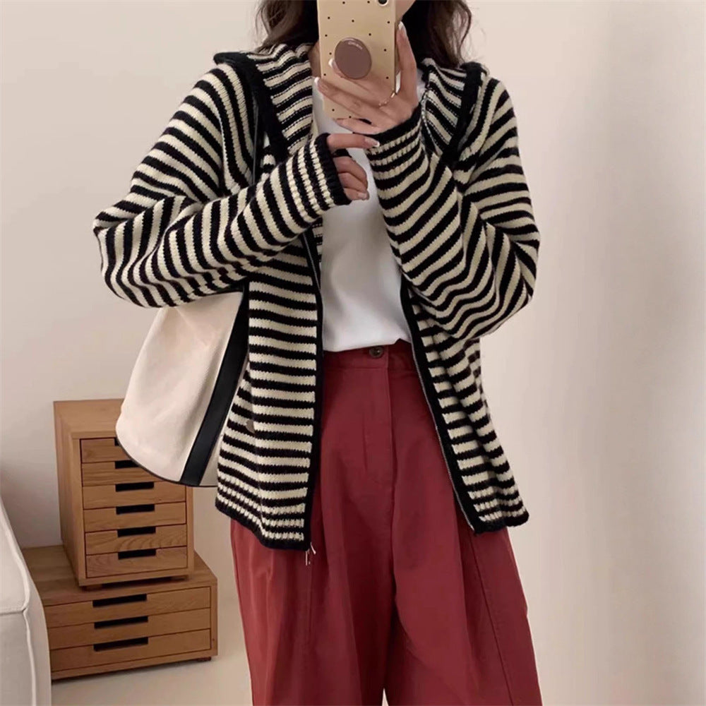 Women's Striped Jacket Hooded Parka With Pockets