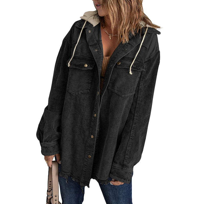 Large Oversized Jacket with Hood Corduroy Look