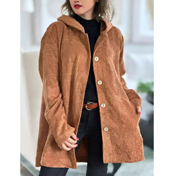 Cordjacke Damen Kapuze Knöpfe Midlength