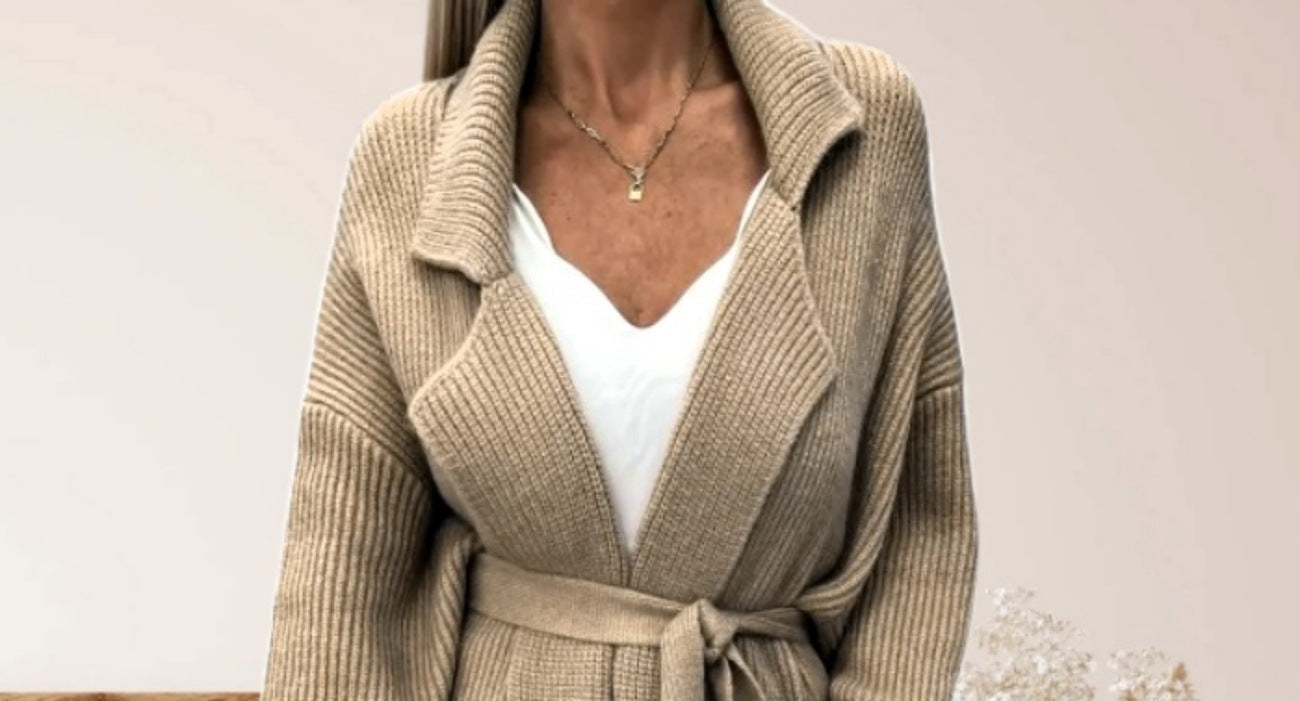 Women's Knitted Cardigan Elegant Belt Wide Lapels
