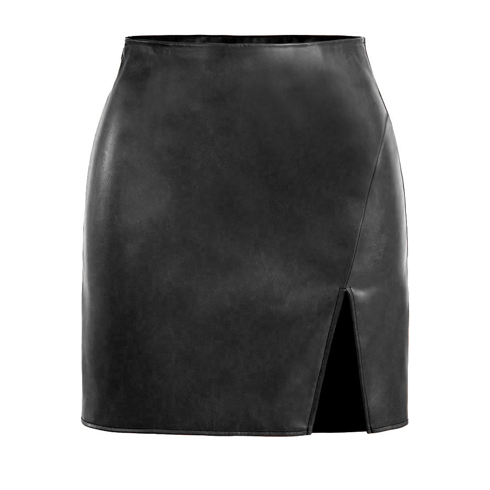 Short women's faux leather skirts with side slit