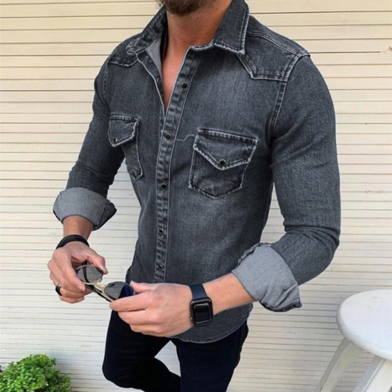 Men's Denim Shirt Modern Slim Fit Chest Pockets