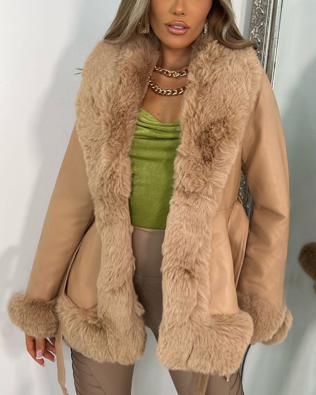 Elegant Leather Jacket Fur Collar Lace-Up Waist