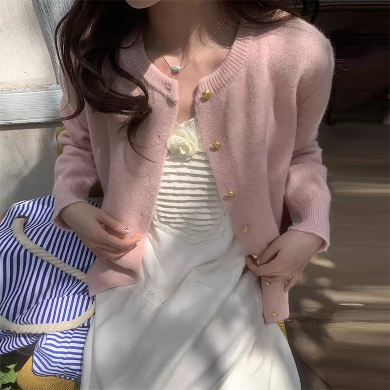 Women's Retro Cardigan Round Neck Gold Buttons