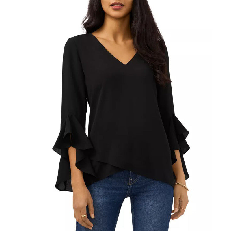 Damen Bluse Elegant V-Ausschnitt Rüschendekolleté - IdealeKleiden