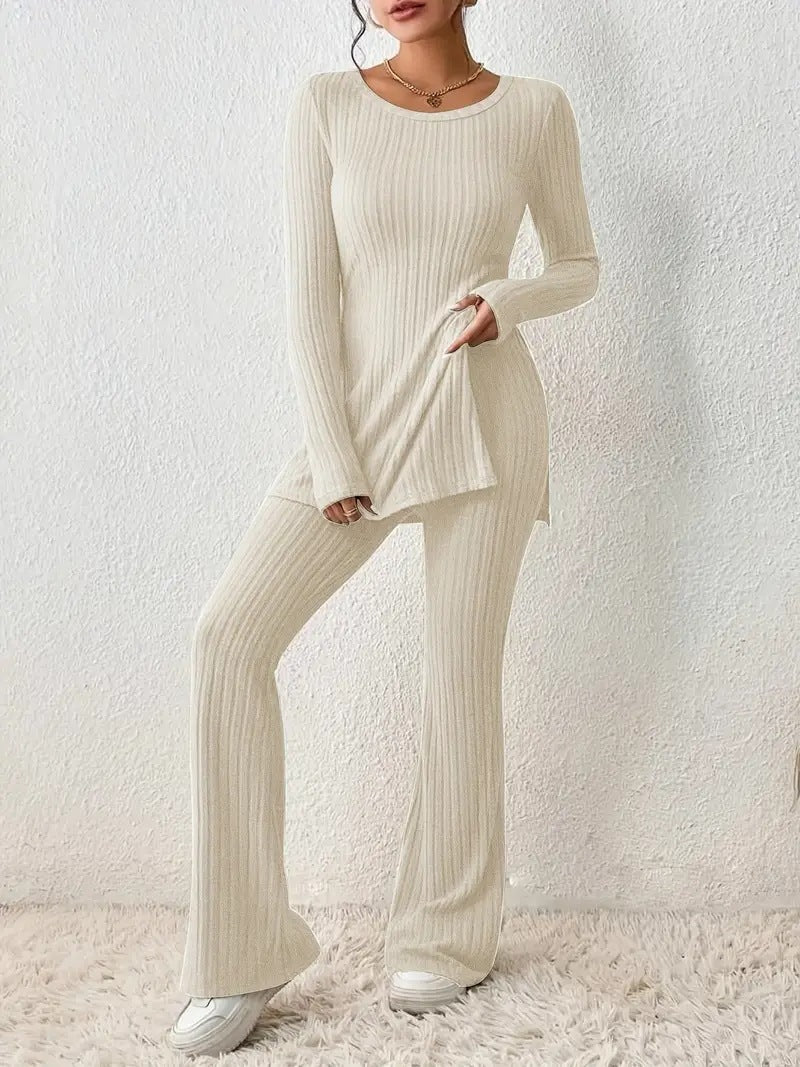 Women's Lounge Set Finely Ribbed Long-Sleeved Comfortable