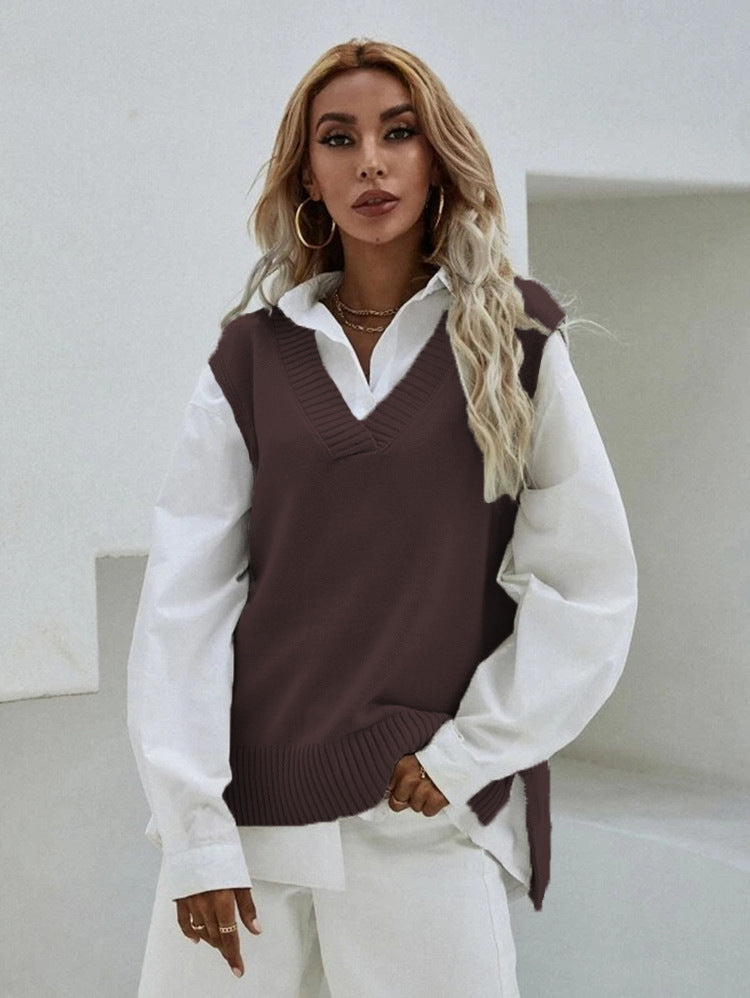 Women's Knitted Vest V-Neck Wide Rib Knit