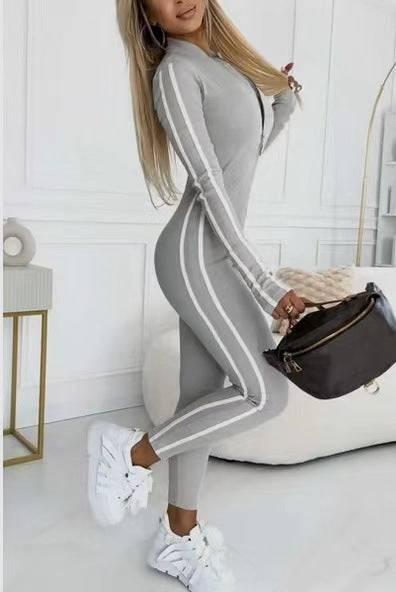 Women's Long Sleeve Striped Sports Bodysuit