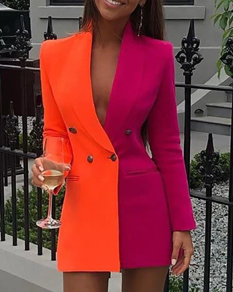Women's Blazer Dress Tailored Fit Two-Tone V-Neck