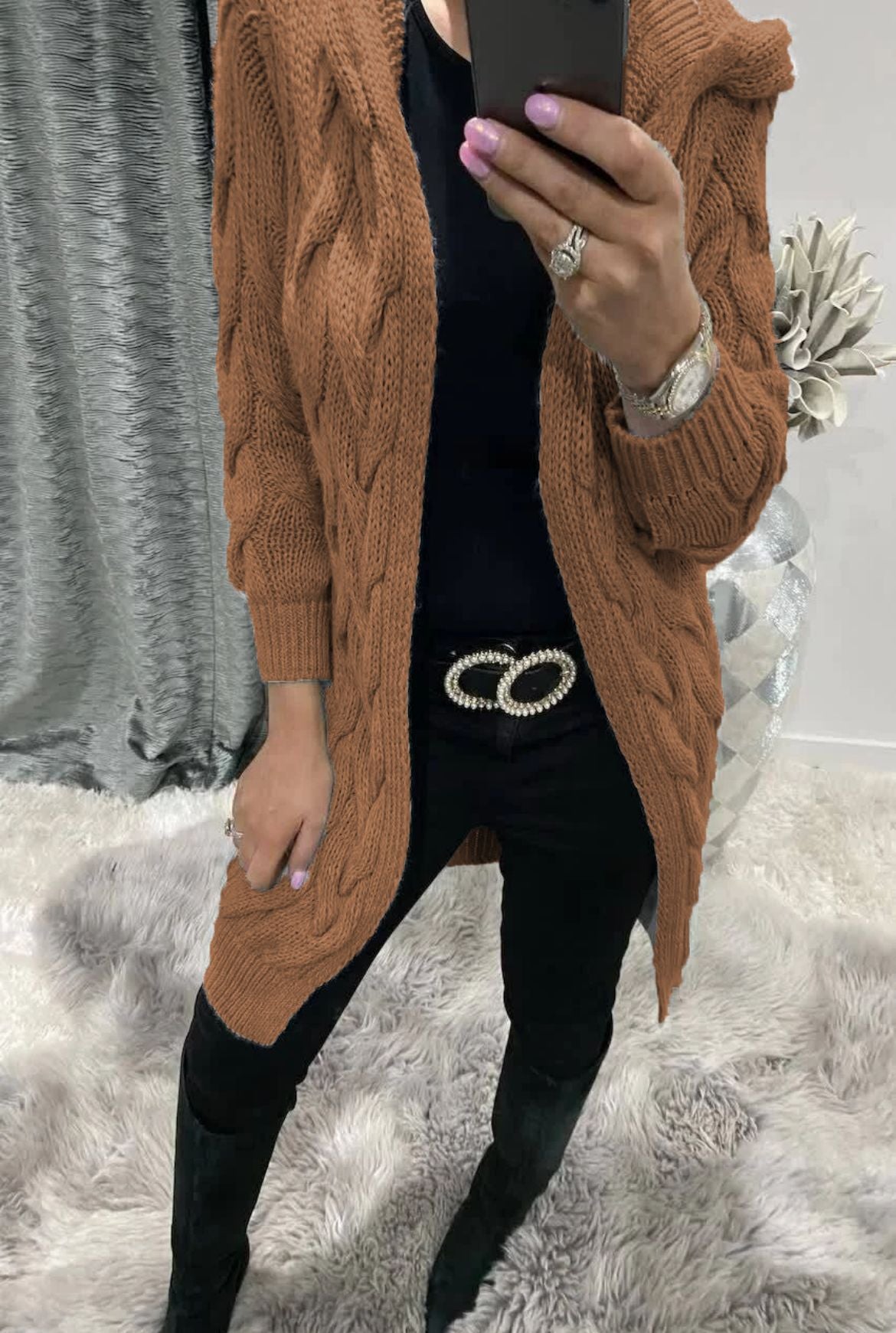 Women's Long Cable Knit Cardigan Elegant Design