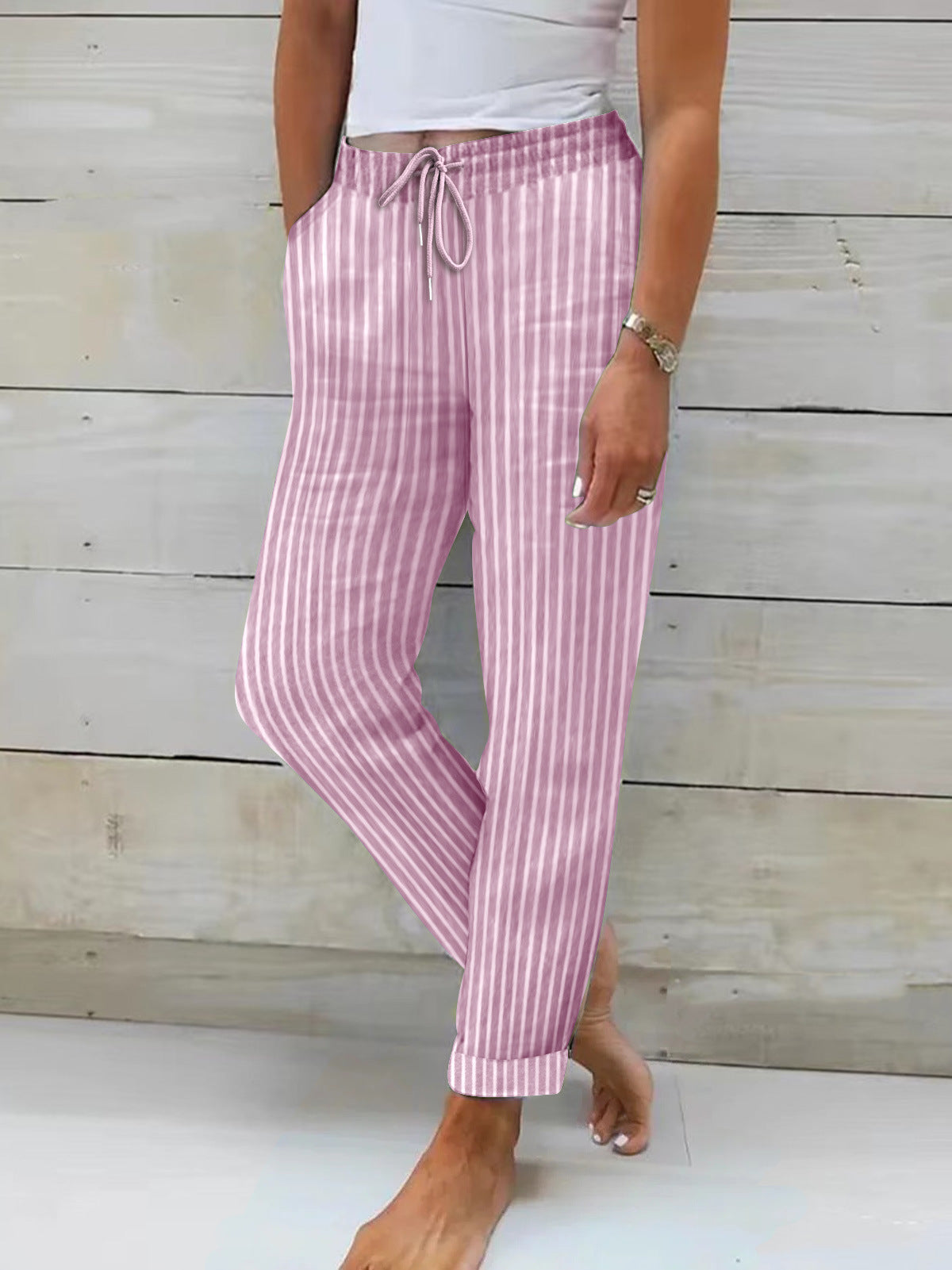 Women's Comfortable Cotton Trousers Striped Pattern Flexible Waistband
