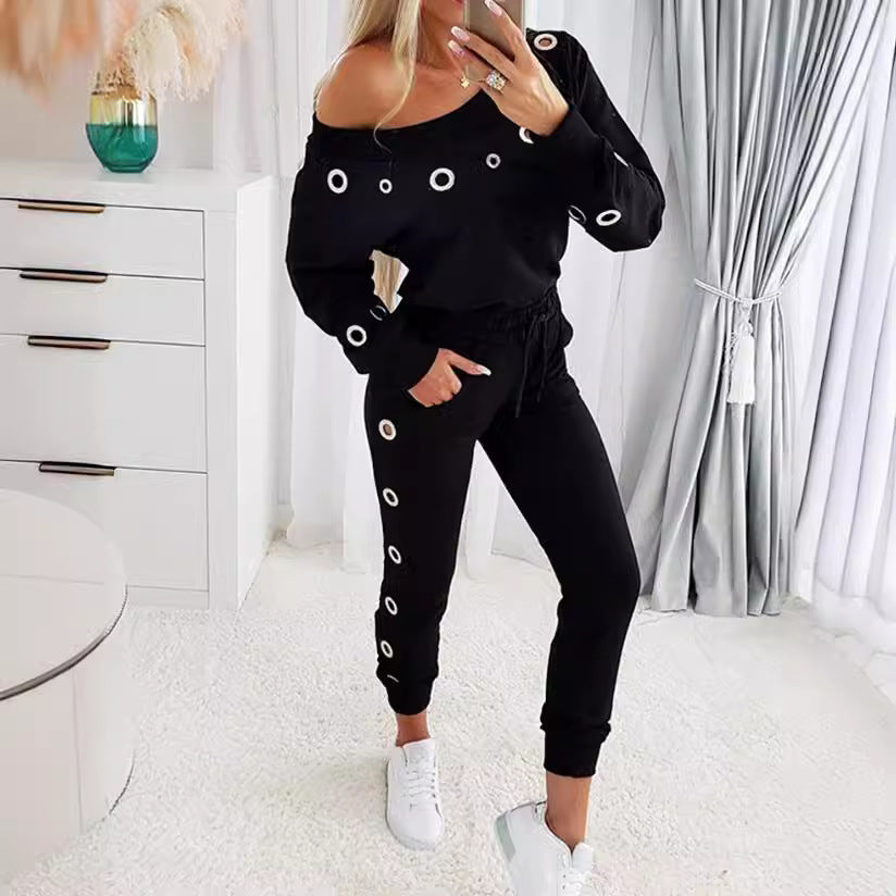Damen Oversized Jogginganzug mit Mode Ösen Großzügig - IdealeKleiden