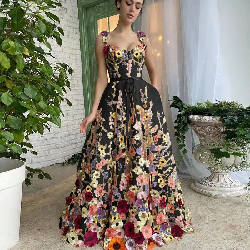 Women's Tulle Dress Floral Print with Waist Belt Elegant A-Line